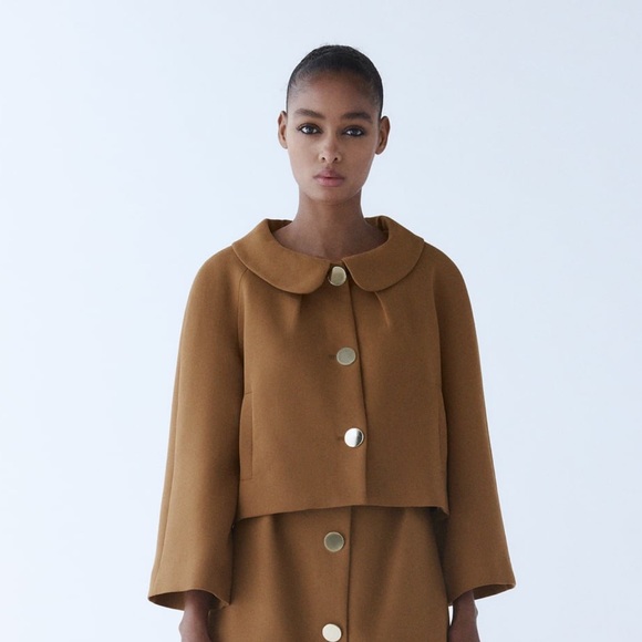 Zara woman toffee Peter Pan collar cropped jacket - Picture 1 of 11